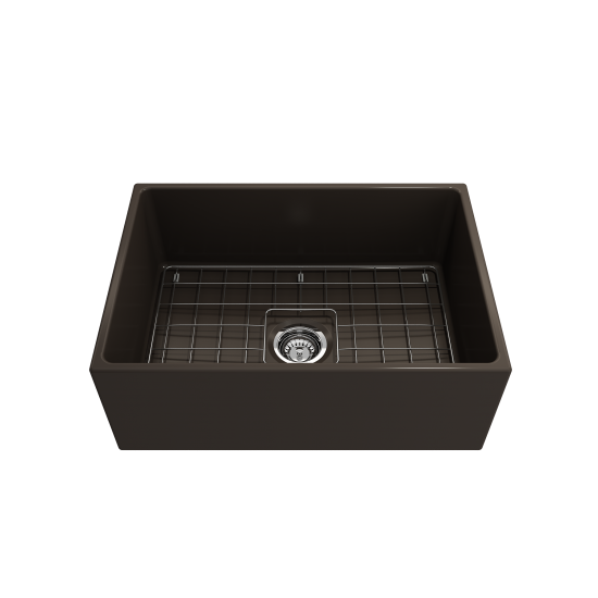 Contempo Apron Front Fireclay 27 in. Single Bowl Kitchen Sink with Protective Bottom Grid and Strainer in Matte Brown