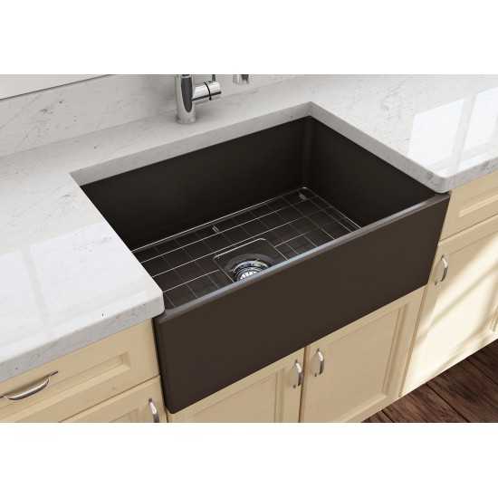 Contempo Apron Front Fireclay 27 in. Single Bowl Kitchen Sink with Protective Bottom Grid and Strainer in Matte Brown