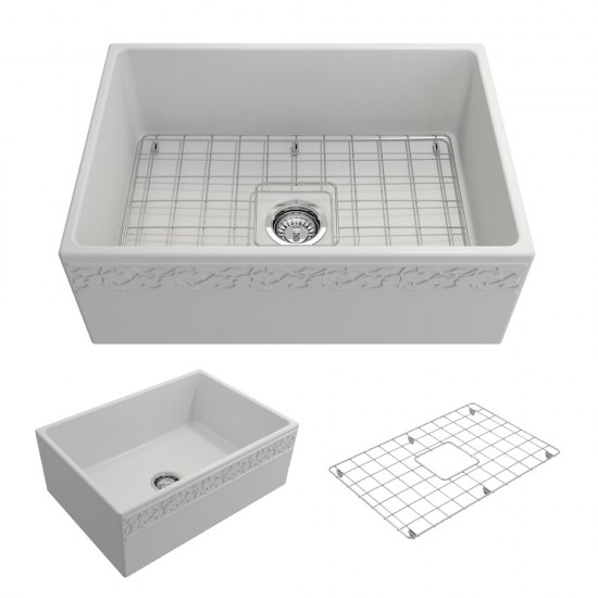 Vigneto Apron Front Fireclay 27 in. Single Bowl Kitchen Sink with Protective Bottom Grid and Strainer in Matte White