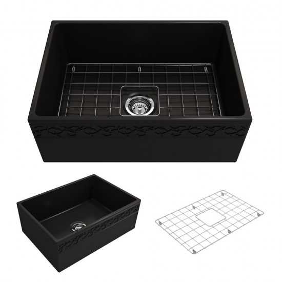 Vigneto Apron Front Fireclay 27 in. Single Bowl Kitchen Sink with Protective Bottom Grid and Strainer in Matte Black