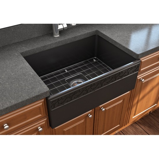 Vigneto Apron Front Fireclay 27 in. Single Bowl Kitchen Sink with Protective Bottom Grid and Strainer in Matte Black