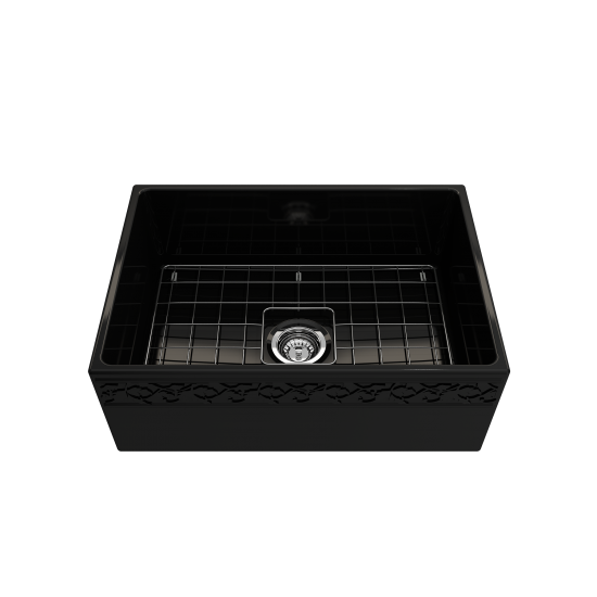 Vigneto Apron Front Fireclay 27 in. Single Bowl Kitchen Sink with Protective Bottom Grid and Strainer in Black