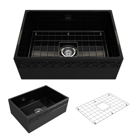 Vigneto Apron Front Fireclay 27 in. Single Bowl Kitchen Sink with Protective Bottom Grid and Strainer in Black