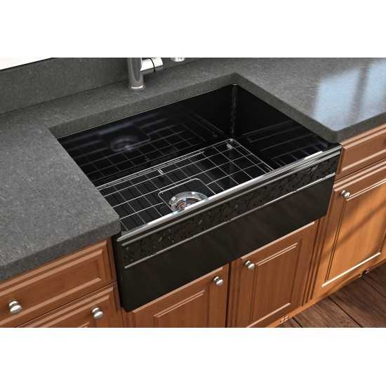 Vigneto Apron Front Fireclay 27 in. Single Bowl Kitchen Sink with Protective Bottom Grid and Strainer in Black