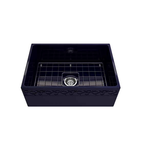 Vigneto Apron Front Fireclay 27 in. Single Bowl Kitchen Sink with Protective Bottom Grid and Strainer in Sapphire Blue