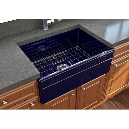 Vigneto Apron Front Fireclay 27 in. Single Bowl Kitchen Sink with Protective Bottom Grid and Strainer in Sapphire Blue