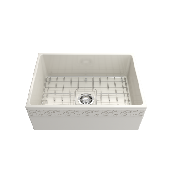 Vigneto Apron Front Fireclay 27 in. Single Bowl Kitchen Sink with Protective Bottom Grid and Strainer in Biscuit