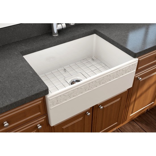 Vigneto Apron Front Fireclay 27 in. Single Bowl Kitchen Sink with Protective Bottom Grid and Strainer in Biscuit