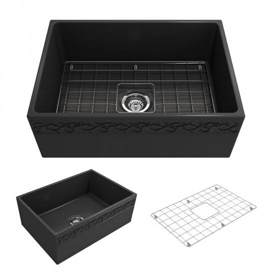 Vigneto Apron Front Fireclay 27 in. Single Bowl Kitchen Sink with Protective Bottom Grid and Strainer in Matte Dark Gray
