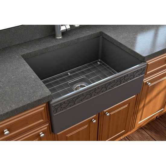 Vigneto Apron Front Fireclay 27 in. Single Bowl Kitchen Sink with Protective Bottom Grid and Strainer in Matte Dark Gray