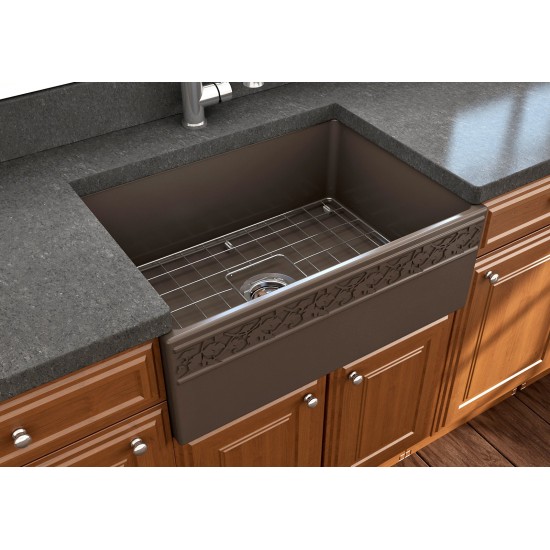 Vigneto Apron Front Fireclay 27 in. Single Bowl Kitchen Sink with Protective Bottom Grid and Strainer in Matte Brown