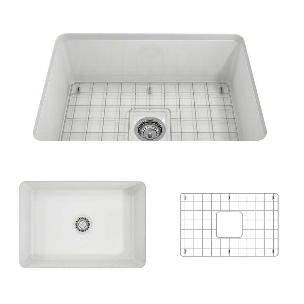 Sotto Undermount Fireclay 27 in. Single Bowl Kitchen Sink with Protective Bottom Grid and Strainer in White