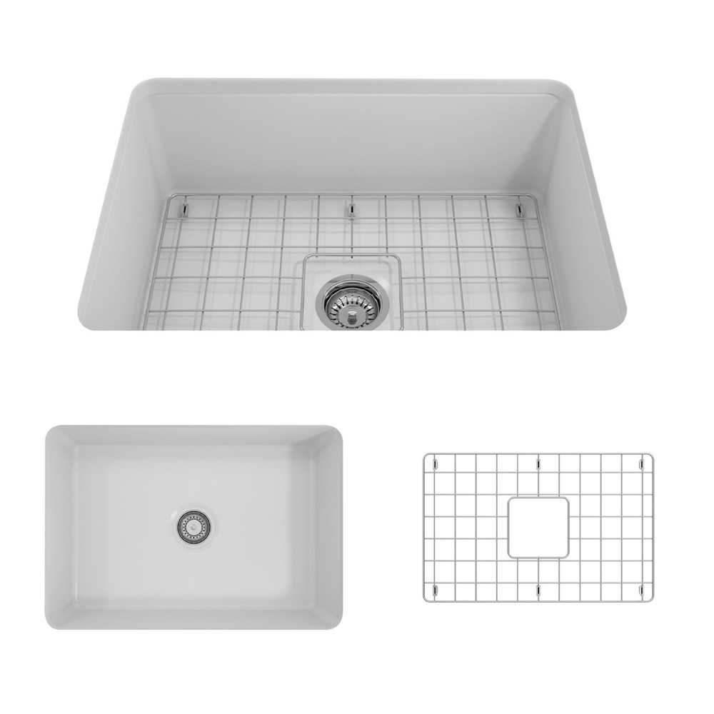 Sotto Undermount Fireclay 27 in. Single Bowl Kitchen Sink with Protective Bottom Grid and Strainer in Matte White