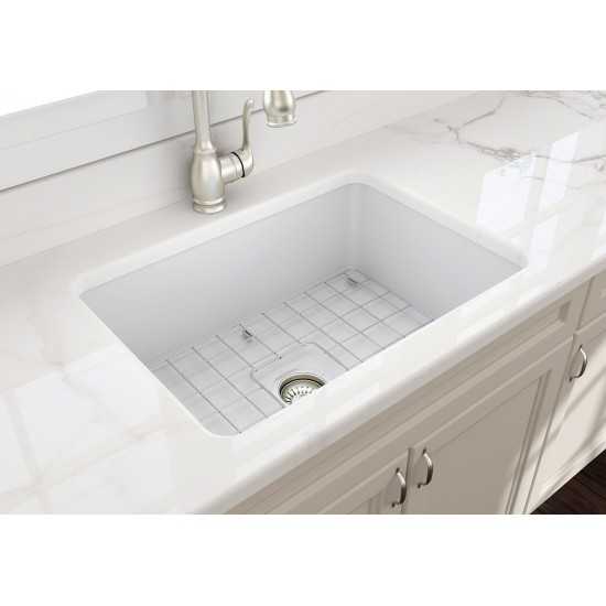 Sotto Undermount Fireclay 27 in. Single Bowl Kitchen Sink with Protective Bottom Grid and Strainer in Matte White