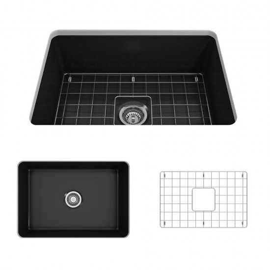 Sotto Undermount Fireclay 27 in. Single Bowl Kitchen Sink with Protective Bottom Grid and Strainer in Matte Black