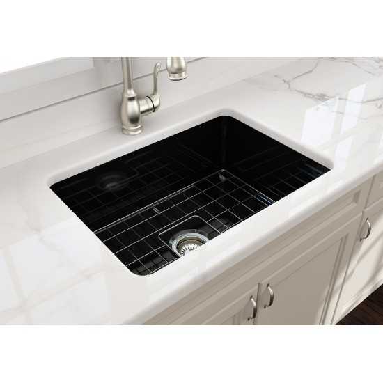 Sotto Undermount Fireclay 27 in. Single Bowl Kitchen Sink with Protective Bottom Grid and Strainer in Black