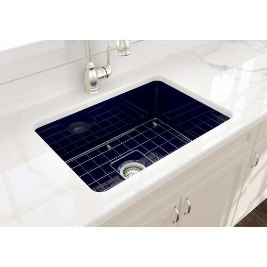Sotto Undermount Fireclay 27 in. Single Bowl Kitchen Sink with Protective Bottom Grid and Strainer in Sapphire Blue