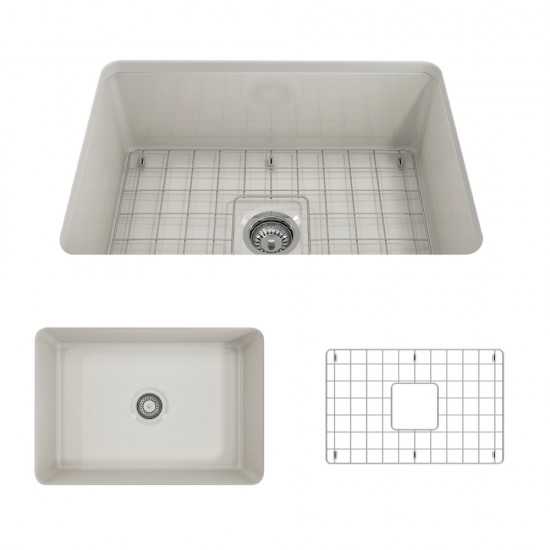 Sotto Undermount Fireclay 27 in. Single Bowl Kitchen Sink with Protective Bottom Grid and Strainer in Biscuit