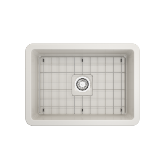 Sotto Undermount Fireclay 27 in. Single Bowl Kitchen Sink with Protective Bottom Grid and Strainer in Biscuit