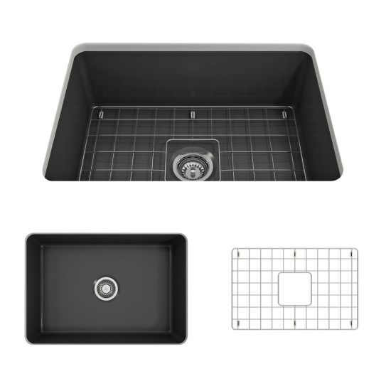 Sotto Undermount Fireclay 27 in. Single Bowl Kitchen Sink with Protective Bottom Grid and Strainer in Matte Dark Gray