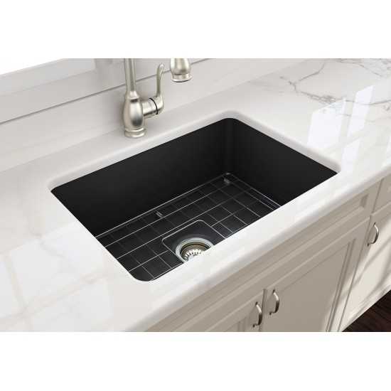 Sotto Undermount Fireclay 27 in. Single Bowl Kitchen Sink with Protective Bottom Grid and Strainer in Matte Dark Gray