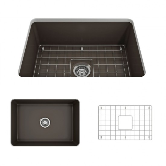 Sotto Undermount Fireclay 27 in. Single Bowl Kitchen Sink with Protective Bottom Grid and Strainer in Matte Brown