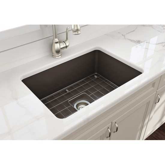 Sotto Undermount Fireclay 27 in. Single Bowl Kitchen Sink with Protective Bottom Grid and Strainer in Matte Brown