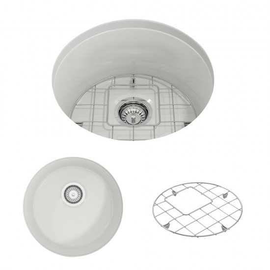 Sotto Round Dual Mount Fireclay 18.5 in. Single Bowl Bar Sink with Protective Bottom Grid and Strainer in White