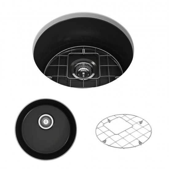 Sotto Round Dual Mount Fireclay 18.5 in. Single Bowl Bar Sink with Protective Bottom Grid and Strainer in Matte Black