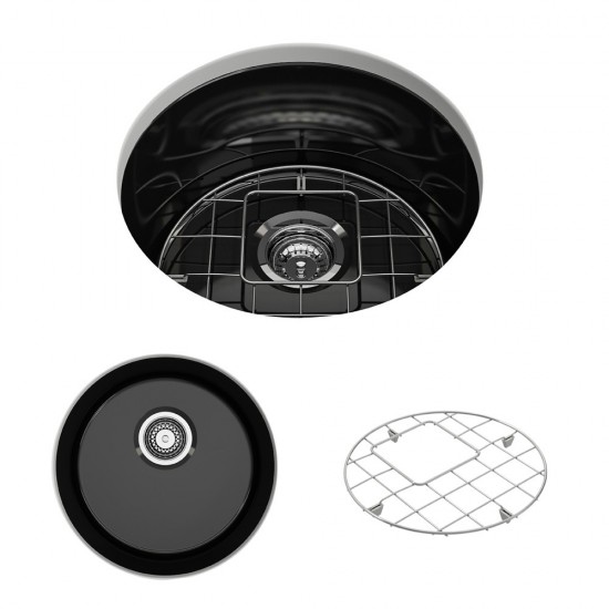 Sotto Round Dual Mount Fireclay 18.5 in. Single Bowl Bar Sink with Protective Bottom Grid and Strainer in Black