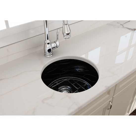 Sotto Round Dual Mount Fireclay 18.5 in. Single Bowl Bar Sink with Protective Bottom Grid and Strainer in Black