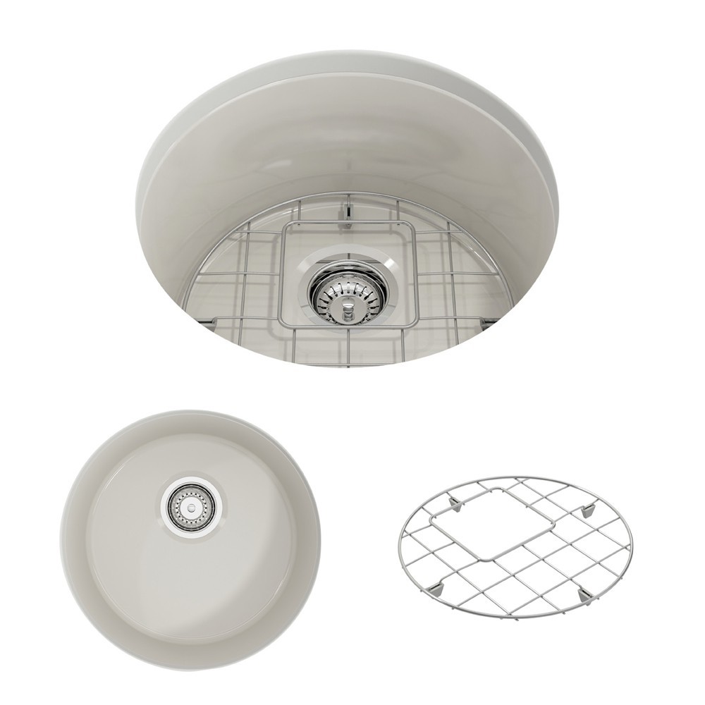 Sotto Round Dual Mount Fireclay 18.5 in. Single Bowl Bar Sink with Protective Bottom Grid and Strainer in Biscuit