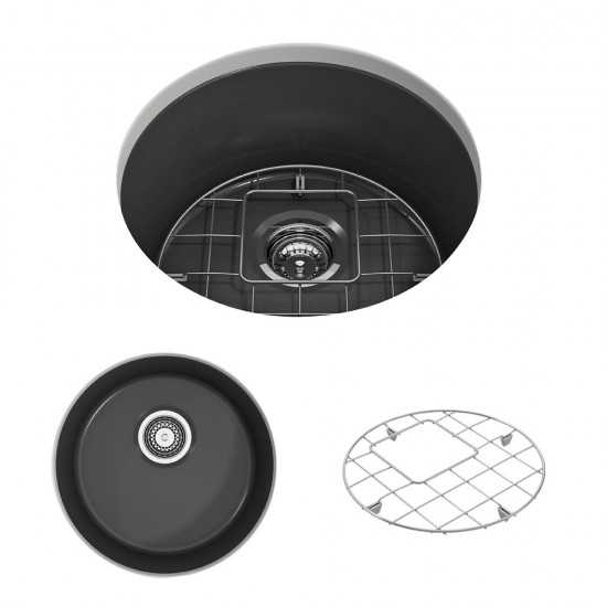 Sotto Round Dual Mount Fireclay 18.5 in. Single Bowl Bar Sink with Protective Bottom Grid and Strainer in Matte Dark Gray