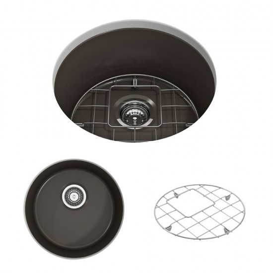 Sotto Round Dual Mount Fireclay 18.5 in. Single Bowl Bar Sink with Protective Bottom Grid and Strainer in Matte Brown