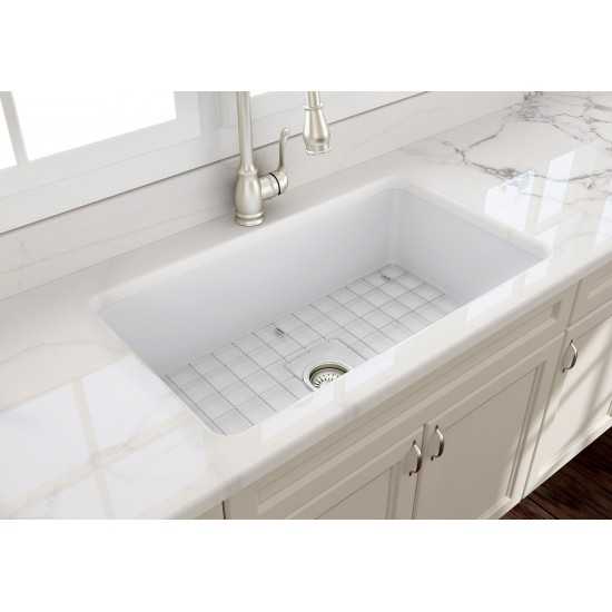 Sotto Undermount Fireclay 32 in. Single Bowl Kitchen Sink with Protective Bottom Grid and Strainer in Matte White