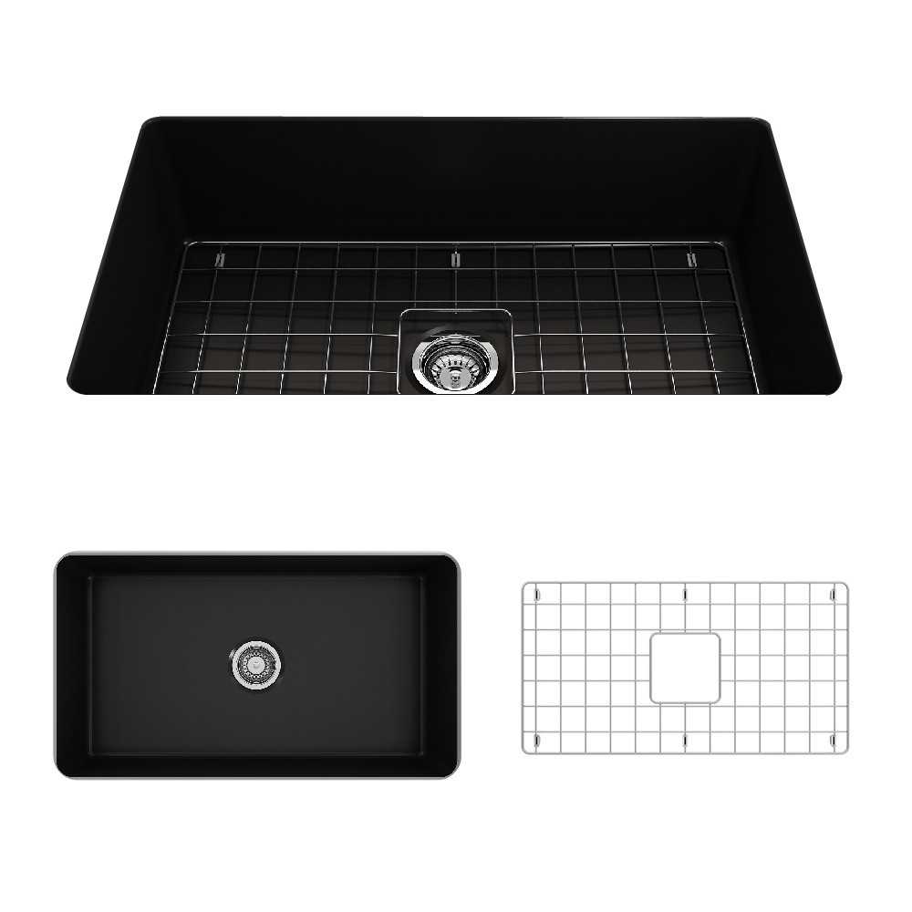 Sotto Undermount Fireclay 32 in. Single Bowl Kitchen Sink with Protective Bottom Grid and Strainer in Matte Black