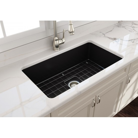 Sotto Undermount Fireclay 32 in. Single Bowl Kitchen Sink with Protective Bottom Grid and Strainer in Matte Black