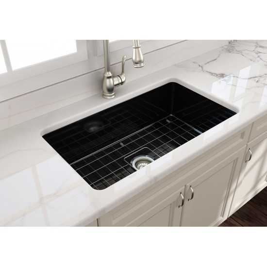 Sotto Undermount Fireclay 32 in. Single Bowl Kitchen Sink with Protective Bottom Grid and Strainer in Black