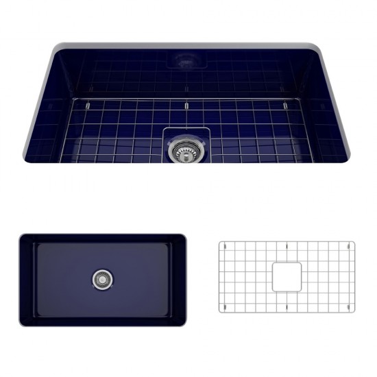 Sotto Undermount Fireclay 32 in. Single Bowl Kitchen Sink with Protective Bottom Grid and Strainer in Sapphire Blue