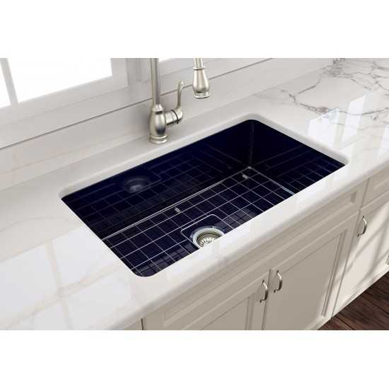 Sotto Undermount Fireclay 32 in. Single Bowl Kitchen Sink with Protective Bottom Grid and Strainer in Sapphire Blue