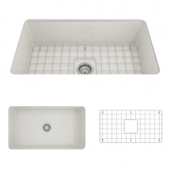 Sotto Undermount Fireclay 32 in. Single Bowl Kitchen Sink with Protective Bottom Grid and Strainer in Biscuit