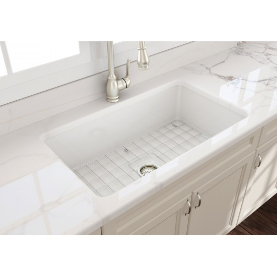 Sotto Undermount Fireclay 32 in. Single Bowl Kitchen Sink with Protective Bottom Grid and Strainer in Biscuit