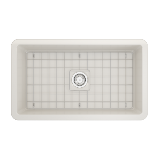 Sotto Undermount Fireclay 32 in. Single Bowl Kitchen Sink with Protective Bottom Grid and Strainer in Biscuit