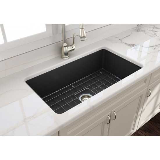 Sotto Undermount Fireclay 32 in. Single Bowl Kitchen Sink with Protective Bottom Grid and Strainer in Matte Dark Gray