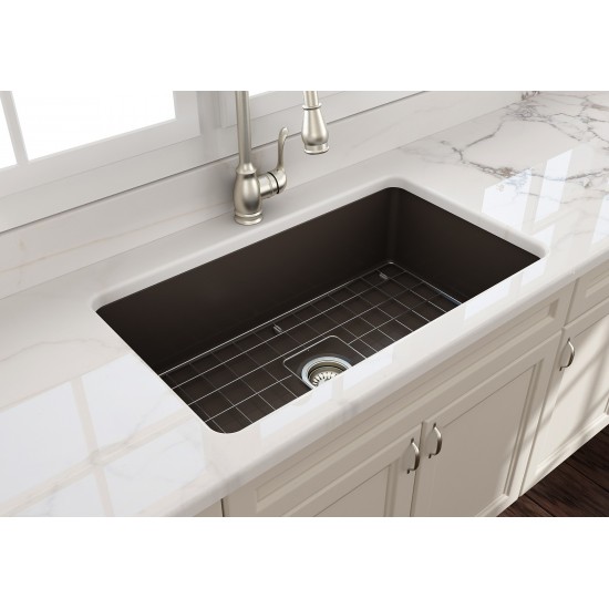 Sotto Undermount Fireclay 32 in. Single Bowl Kitchen Sink with Protective Bottom Grid and Strainer in Matte Brown