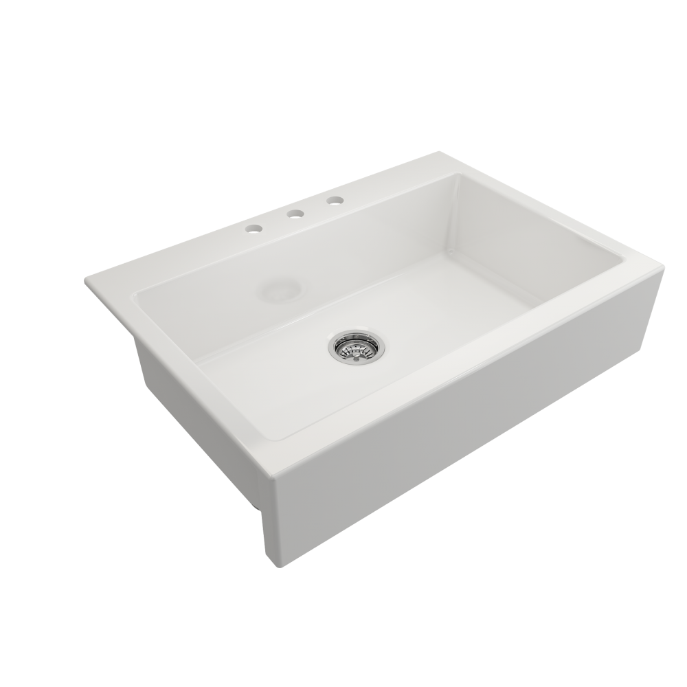 Nuova Apron Front Drop-In Fireclay 34 in. Single Bowl Kitchen Sink with Protective Bottom Grid and Strainer in White