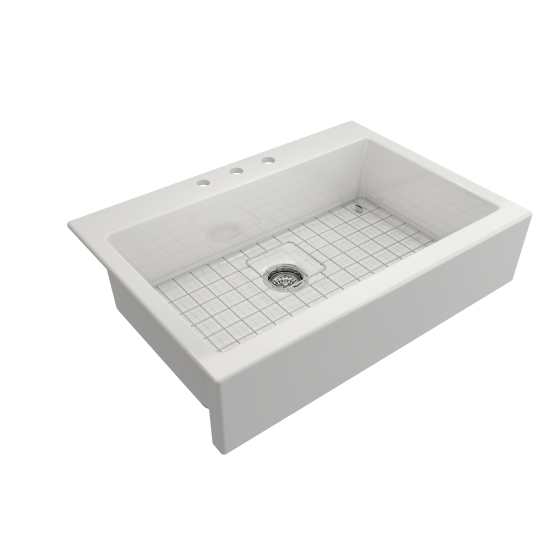 Nuova Apron Front Drop-In Fireclay 34 in. Single Bowl Kitchen Sink with Protective Bottom Grid and Strainer in White