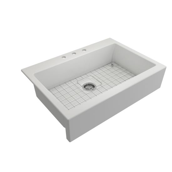 Nuova Apron Front Drop-In Fireclay 34 in. Single Bowl Kitchen Sink with Protective Bottom Grid and Strainer in Matte White