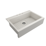 Nuova Apron Front Drop-In Fireclay 34 in. Single Bowl Kitchen Sink with Protective Bottom Grid and Strainer in Biscuit