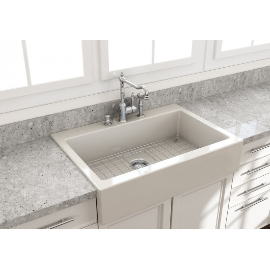Nuova Apron Front Drop-In Fireclay 34 in. Single Bowl Kitchen Sink with Protective Bottom Grid and Strainer in Biscuit
